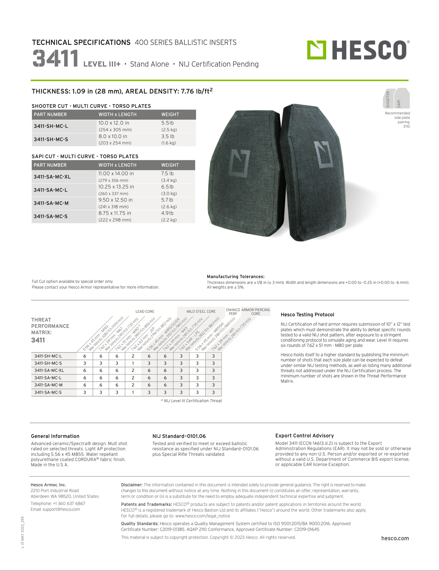 Hesco 3411 Lvl III+ Ballistic Torso Hard Plate Set