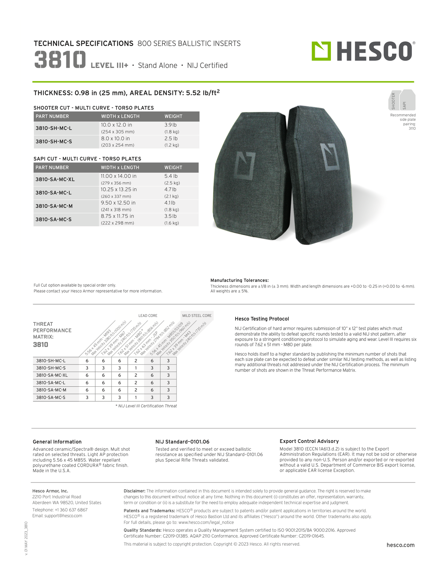 Hesco 3810 Lvl III+ Ballistic Torso Hard Plate Set