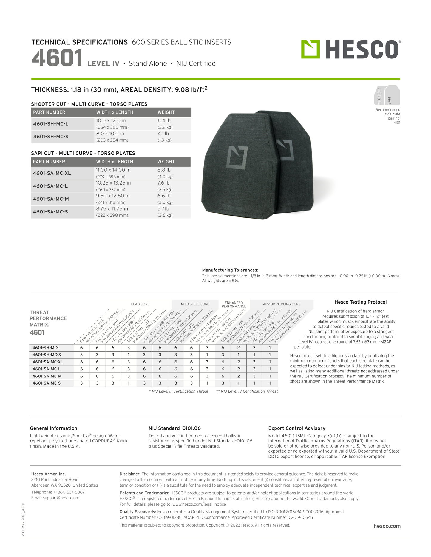 Hesco 4601 Lvl IV Ballistic Torso Hard Plate Set