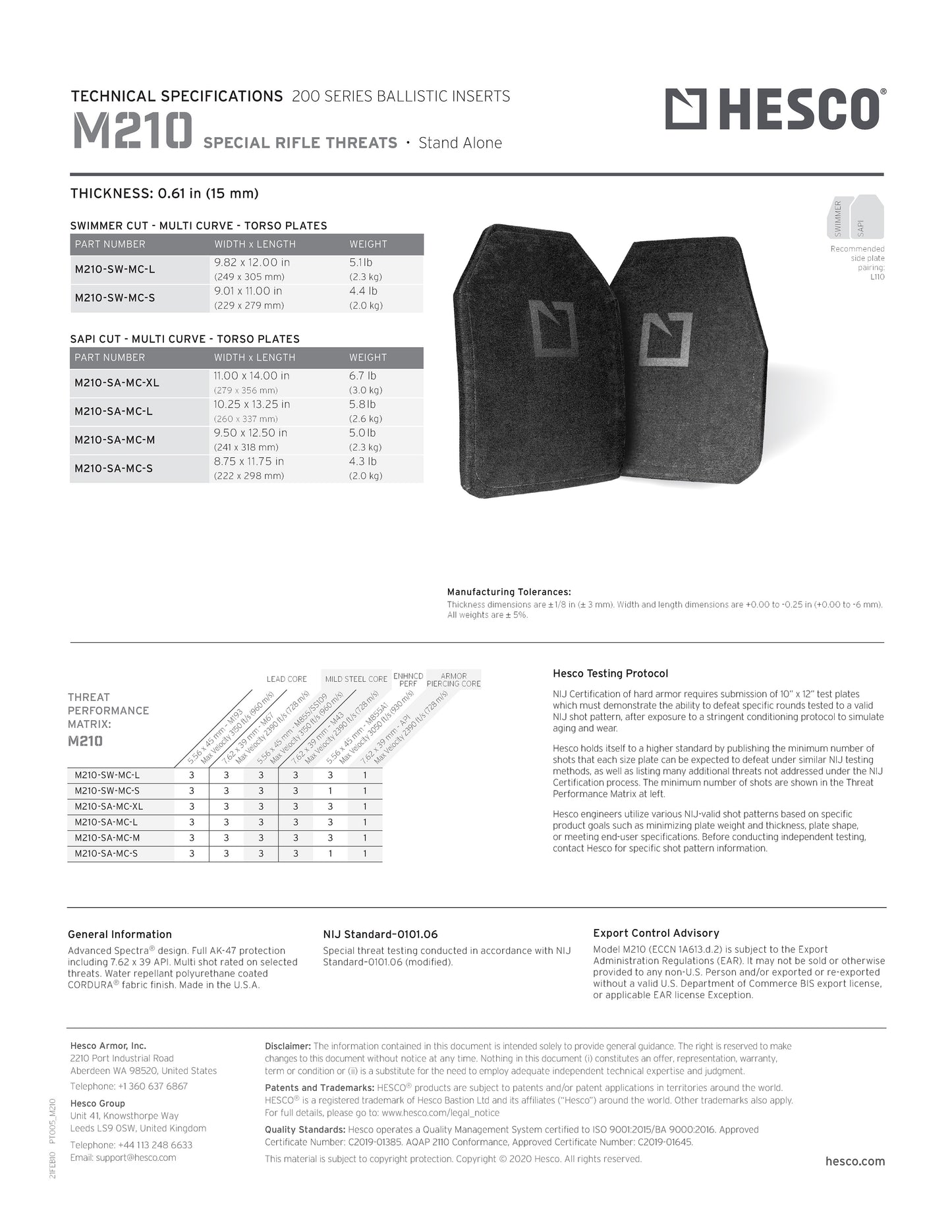 Hesco M210 Special Threat Ballistic Torso Hard Plate Set