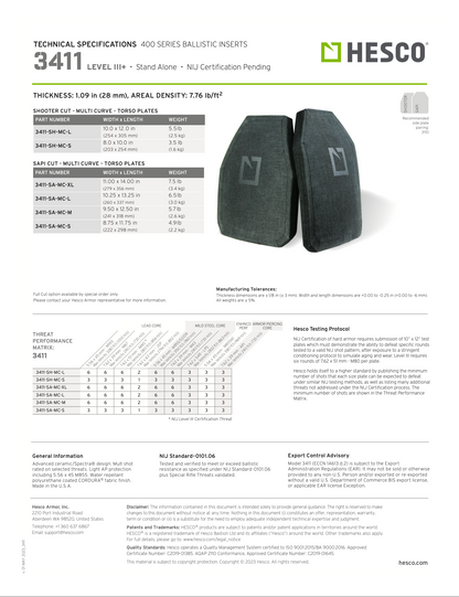 Hesco 3411 Lvl III+ Ballistic Torso Hard Plate Set