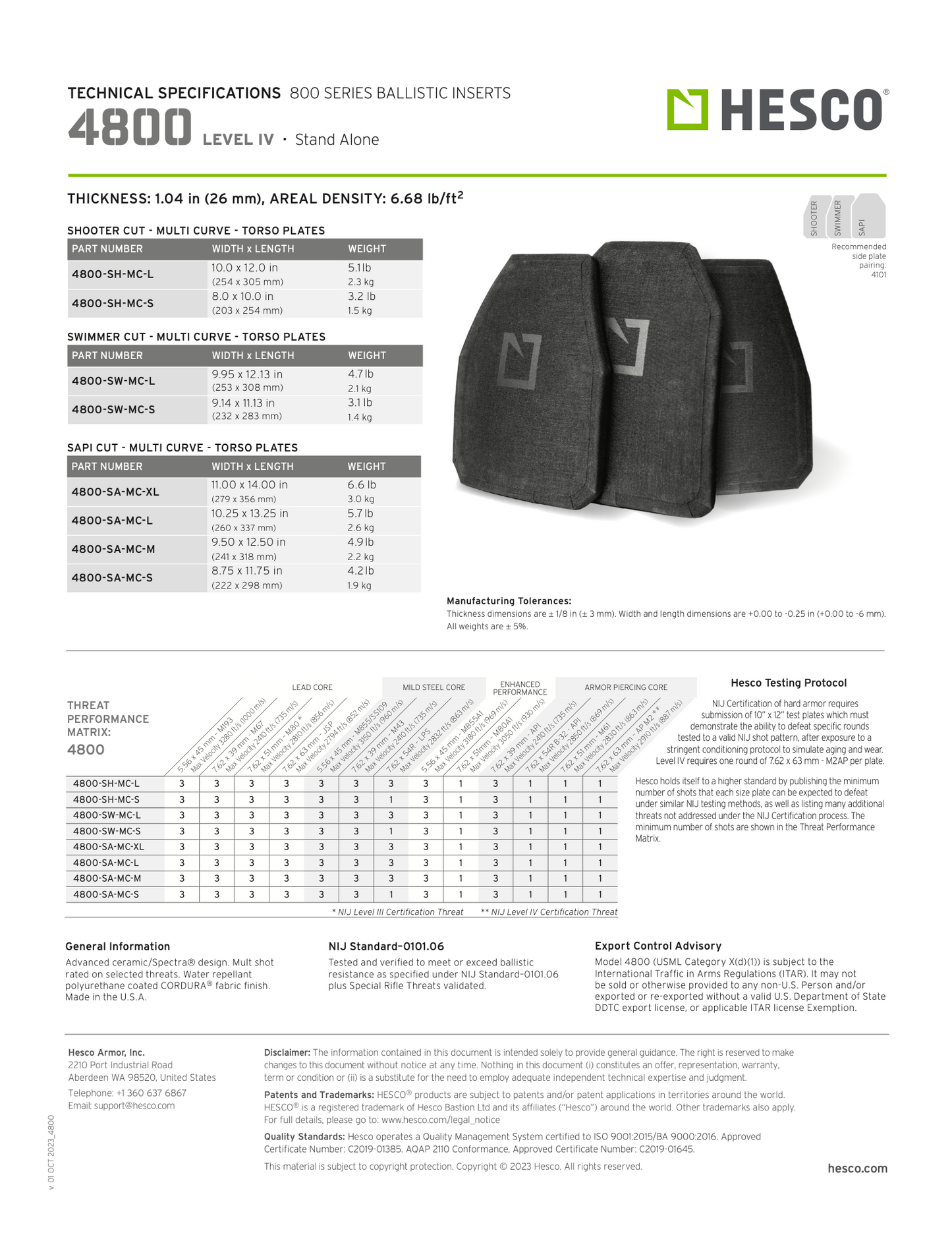 Hesco 4800 Lvl IV Ballistic Torso Hard Plate Set