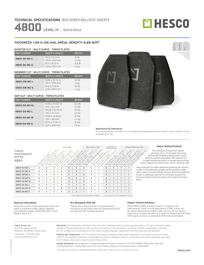 Hesco 4800 Lvl IV Ballistic Torso Hard Plate Set