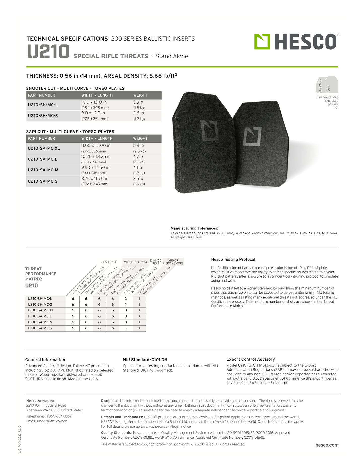 Hesco U210 Special Threat Ballistic Torso Hard Plate Set